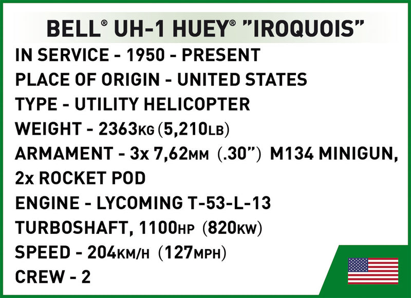 Bell UH-1 Iroquois “Huey” Helicopter, Executive Edition 756 Piece Block Kit Technical Data