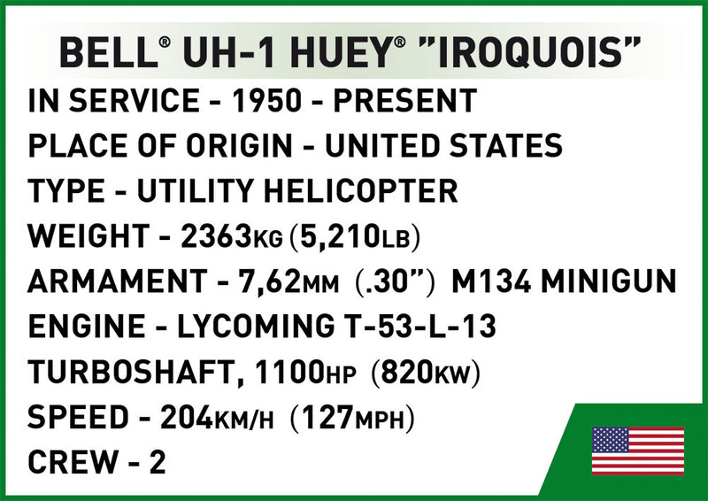 Bell UH-1 Iroquois “Huey” Helicopter, 656 Piece Block Kit By Cobi UH-1 Technical Info