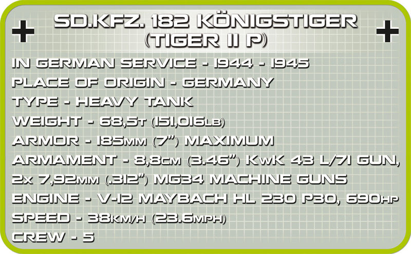 Tiger II (PzKpfw VI B “Konigstiger”) Porsche Turret,  630 Piece Block Kit By Cobi Specifications