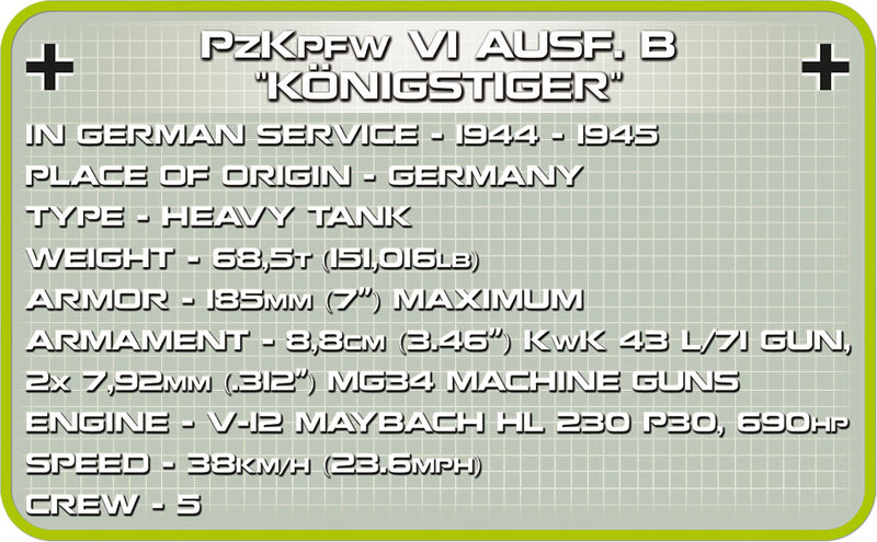 Tiger II PzKpfw VI Ausf. B “Königstiger” Tank, 1000 Piece Block Kit Technical Details