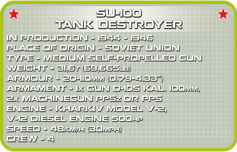 SU-100 Tank Destroyer, 655 Piece Block Kit Technical Details