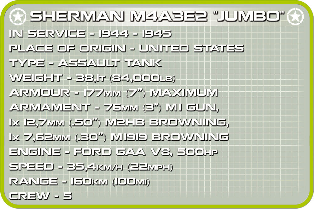 M4A3E2 “Jumbo” Sherman Tank 720 Piece Block Kit Technical Information