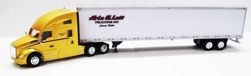 Kenworth T680 Sleeper Cab (Yellow) W/ 53’ Dry Van Arlo G Lott Trucking Livery, 1:87 (HO) Scale Model By Trucks N Stuff