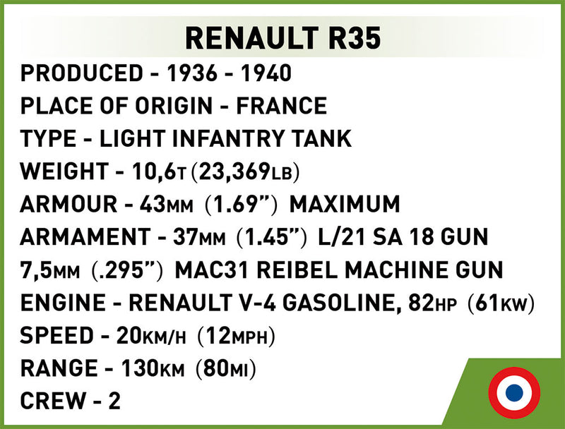 Renault R35 Light Tank 540 Piece Block Kit Technical Details