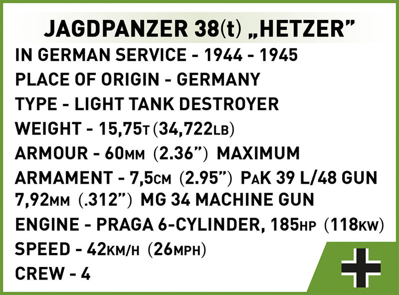 Jagdpanzer 38(t) “Hetzer”, 555 Piece Block Kit Technical Details