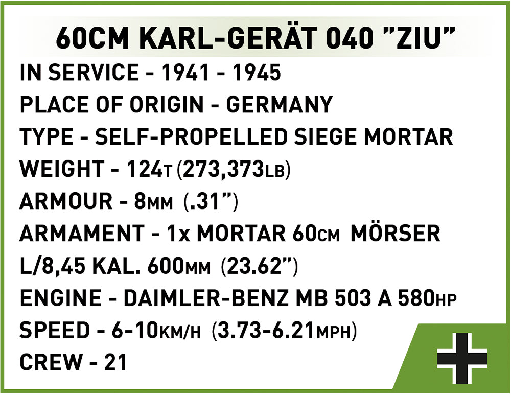 60 cm Karl-Gerät 040 “ZIU” Self-Propelled Mortar 1574 Piece Block Kit Technical Information