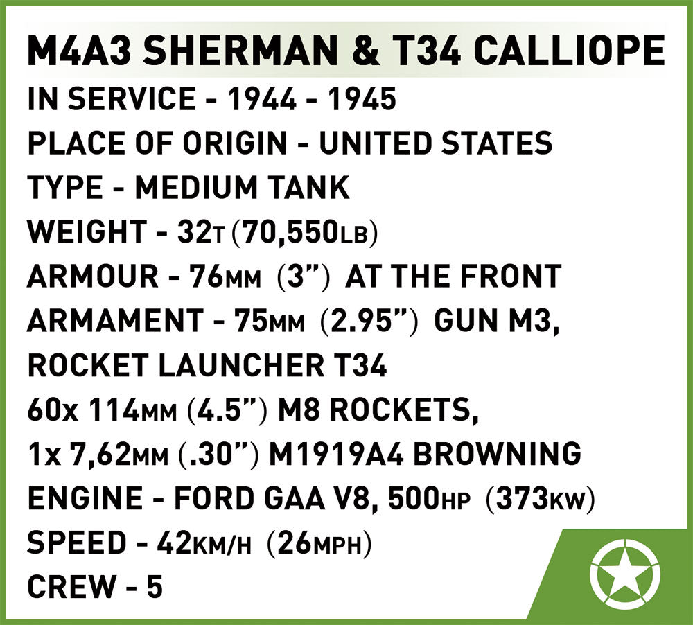 M4A3 Sherman Tank & T34 Calliope, Executive Edition 1230 Piece Block Kit Technical Information