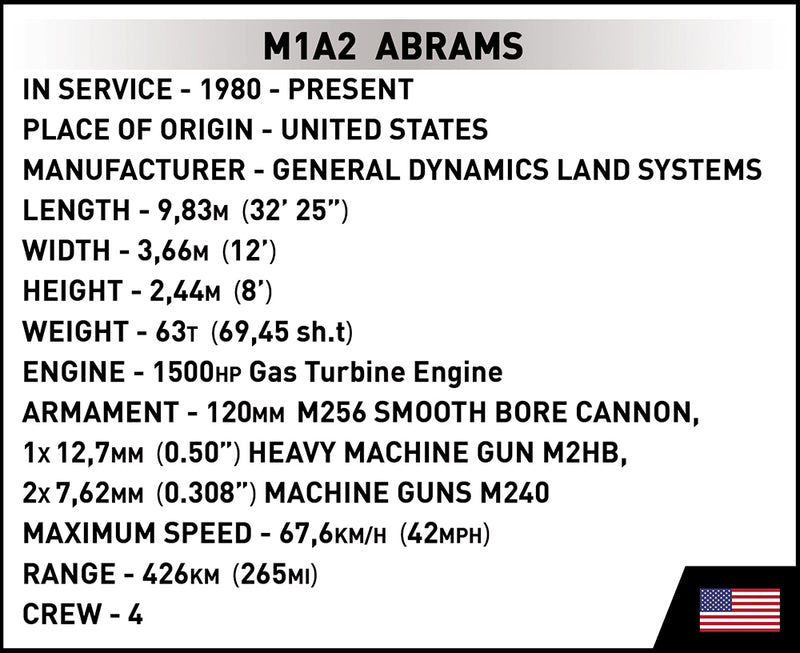 M1A2 Abrams Main Battle Tank, 975 Piece Block Kit Technical Information
