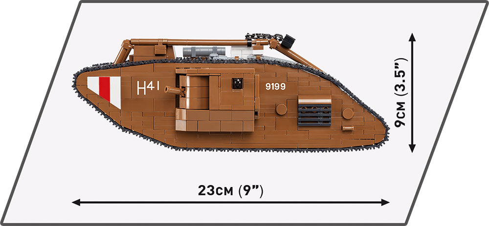 British Tank Mark V “Male” WWI, 837 Piece Block Kit Side View Dimensions