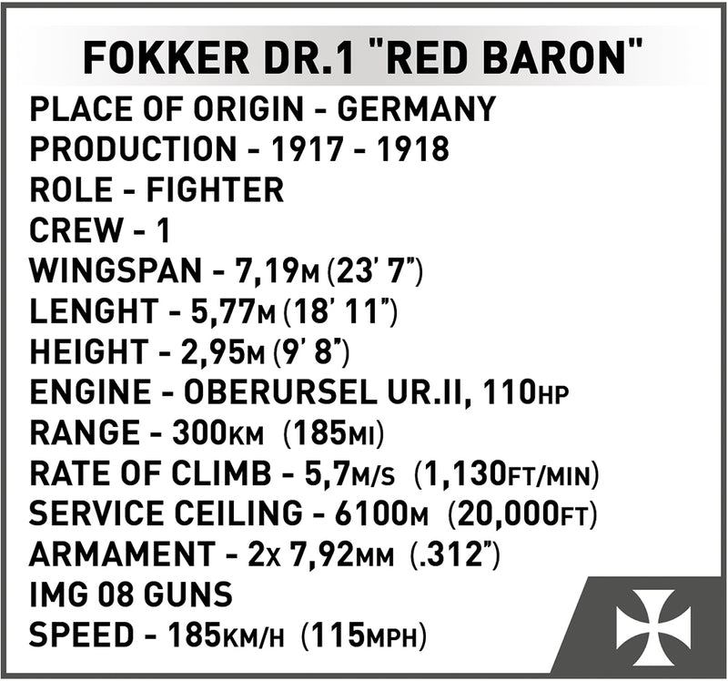 Fokker Dr.1 Red Barron, 174 Piece Block Kit Technical Information