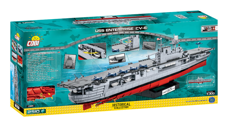 USS Enterprise CV-6 Aircraft Carrier 1:300 Scale, 2510 Piece Block Kit By Cobi Back Of Box