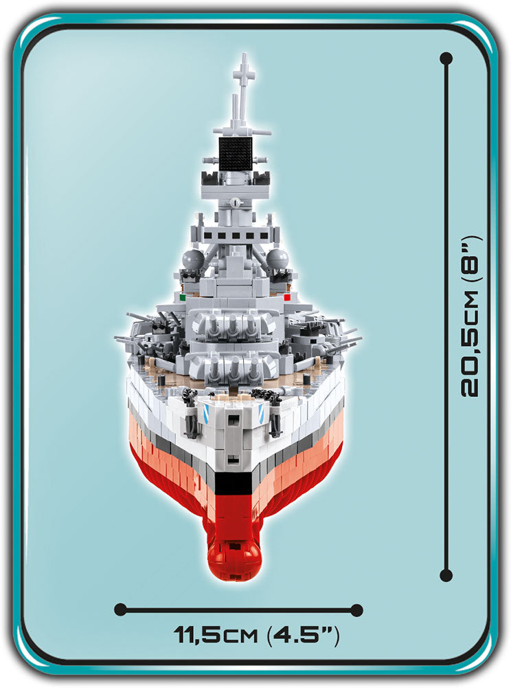 Scharnhorst Battleship 1:300 Scale, 2472 Piece Block Kit Front View Dimensions