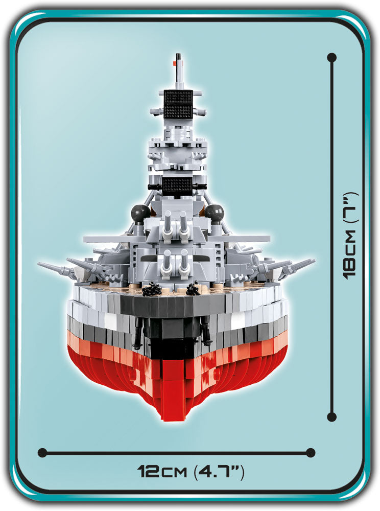 Bismarck Battleship 1:300 Scale, 2030 Piece Block Kit Front View Dimensions