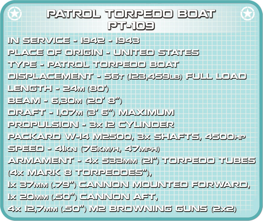 Patrol Torpedo Boat PT-109, 3726 Piece Block Kit Technical Details