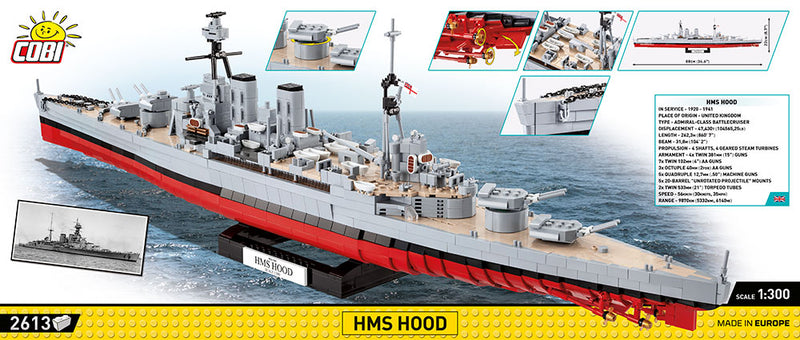 HMS Hood Battlecruiser 1:300 Scale, 2613 Piece Block Kit Back Of  Box