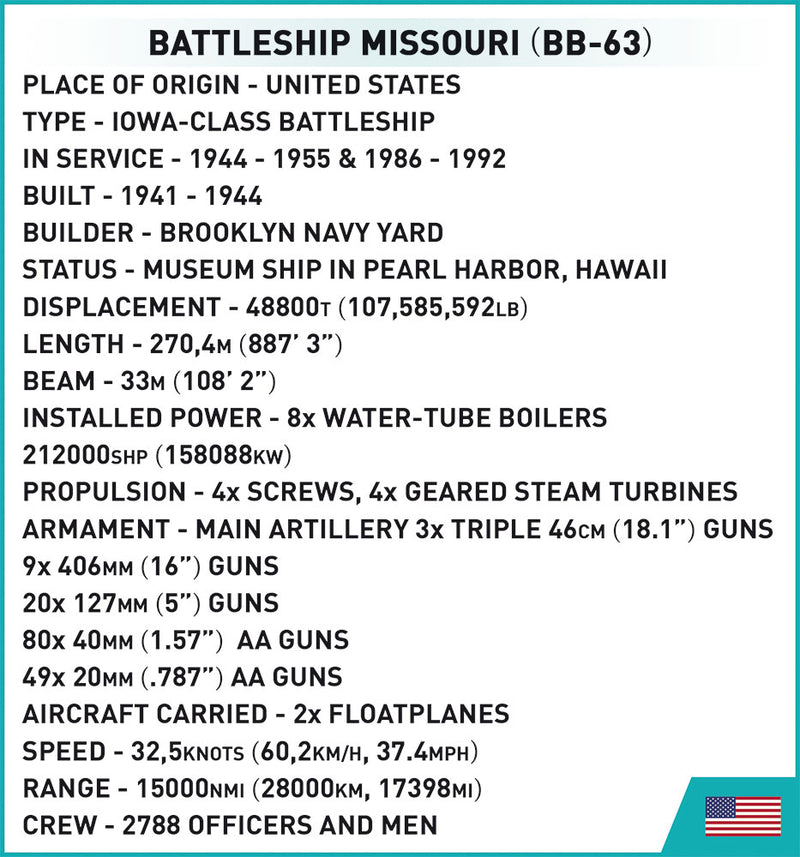 USS Missouri Battleship BB-63, 1/300 Scale 2655 Piece Block Kit Information