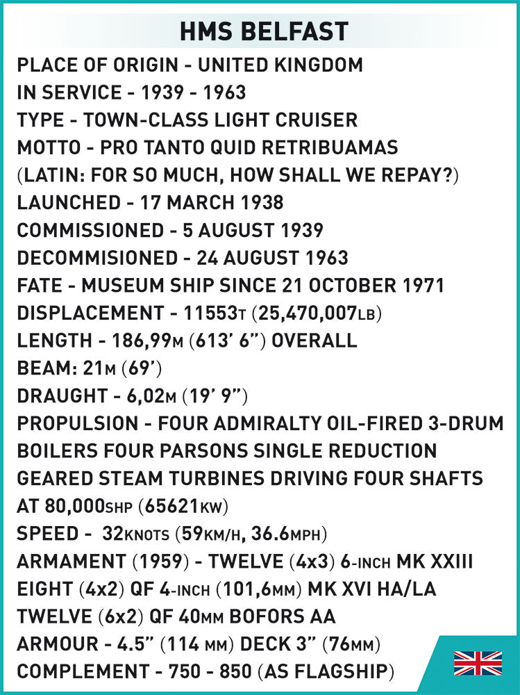 HMS Belfast Light Cruiser 1:300 Scale, 1517 Piece Block Kit Technical Information