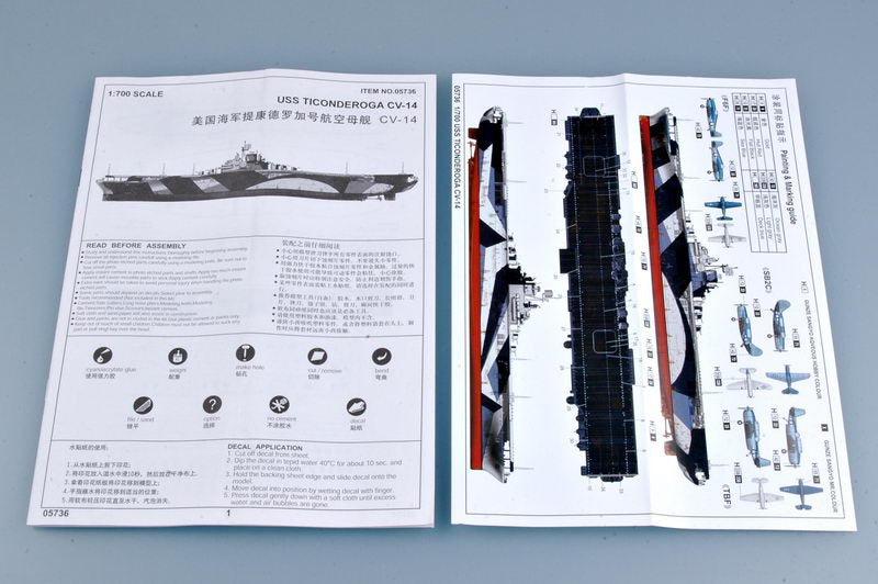 USS Ticonderoga Aircraft Carrier CV-14, 1:700 Scale Model Kit Instructions