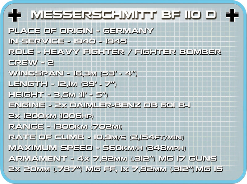 Messerschmitt BF-110 D, 422 Piece Block Kit Technical Information