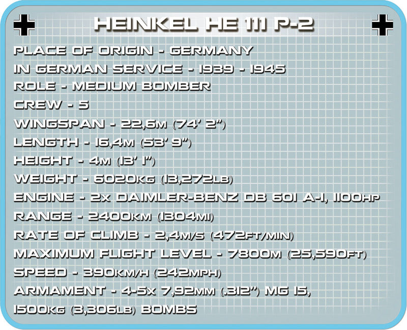 Heinkel He 111 P2, 675 Piece Block Kit Technical Information