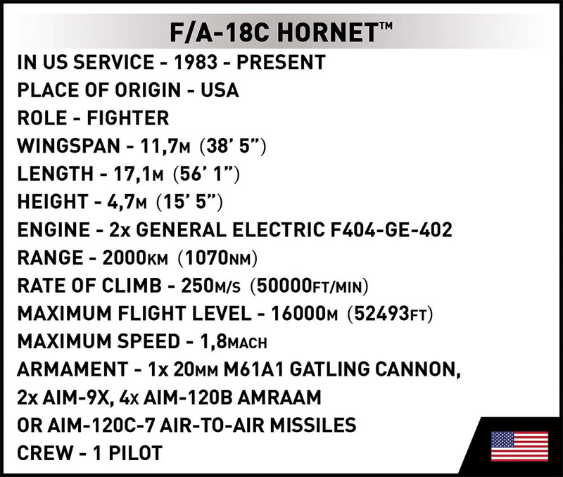 Boeing F/A-18C Hornet US Navy, 538 Piece Block Kit Technical Information