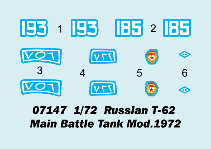 T-62 Soviet Main Battle Tank 1972 ,1:72 Scale Model Kit Decals