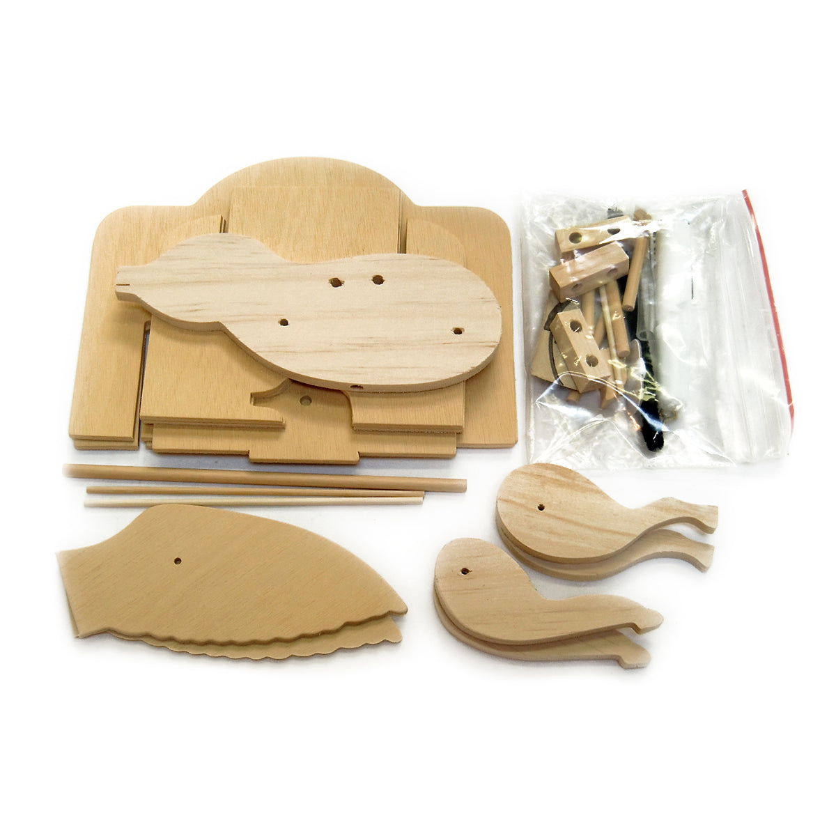 Flying Pig Automata Wooden Kit Contents