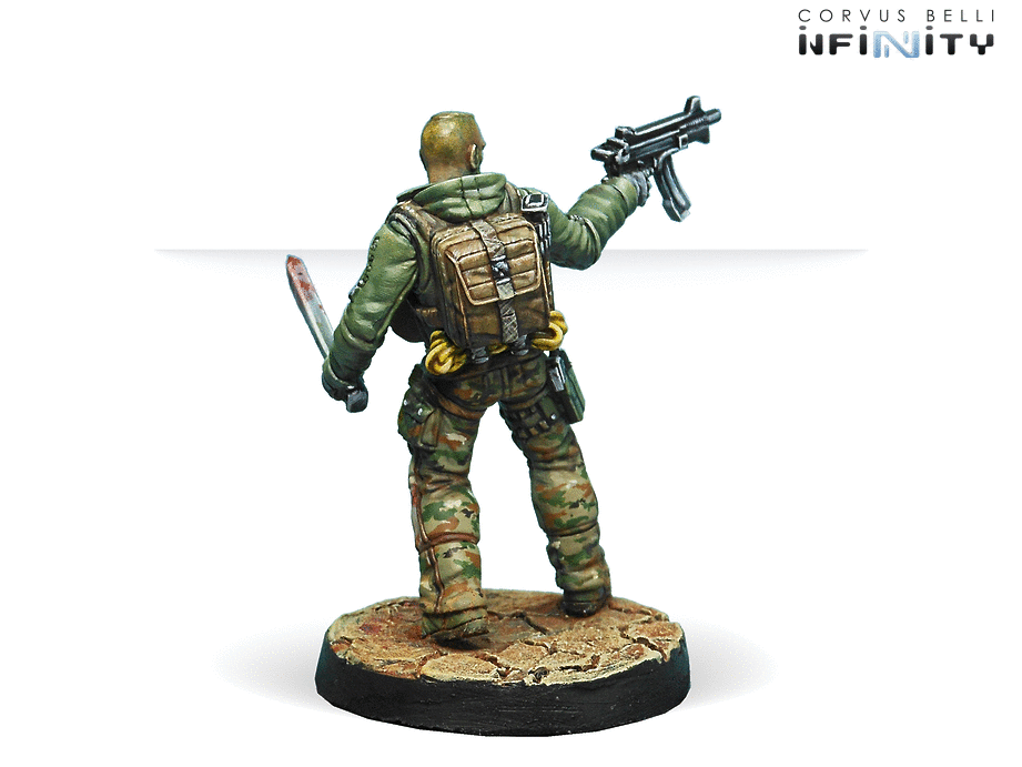 Infinity Ariadna 6th Airborne Ranger Regiment Miniature Game Figures Submachine Gun Rear View