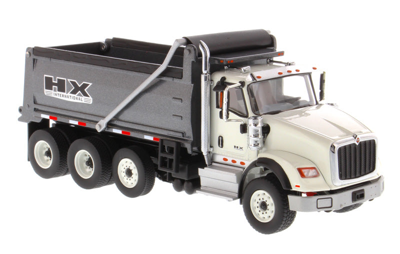 International HX620 Tri-Axle Tractor (White) W/ Dump Truck (Gun Metal Gray), 1:50 Scale Model