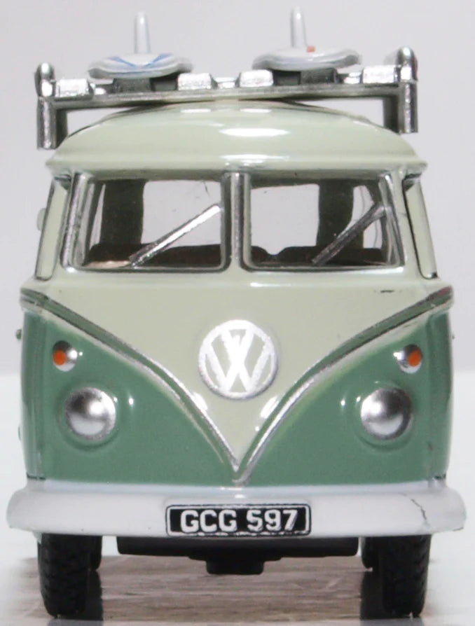 Volkswagen T1 Samba Bus w/ Surfboards (Turquoise / Blue White),1/76 Scale Diecast Model Front View