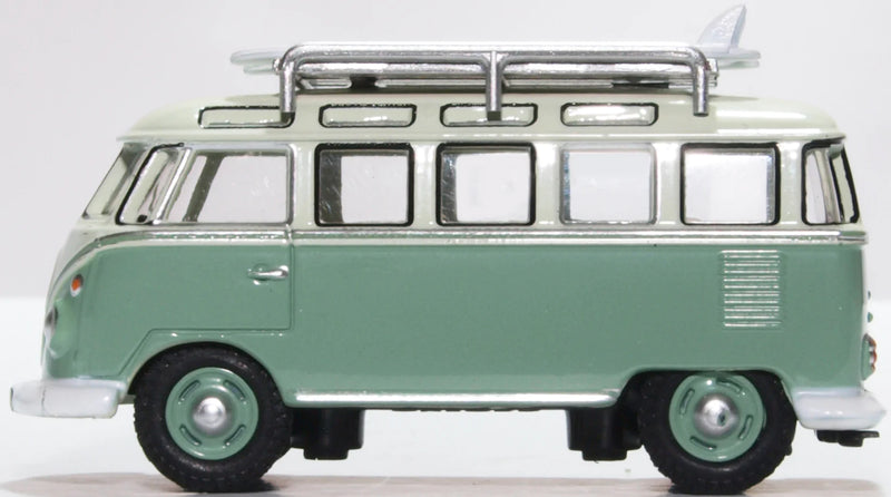 Volkswagen T1 Samba Bus w/ Surfboards (Turquoise / Blue White),1/76 Scale Diecast Model Left Side View