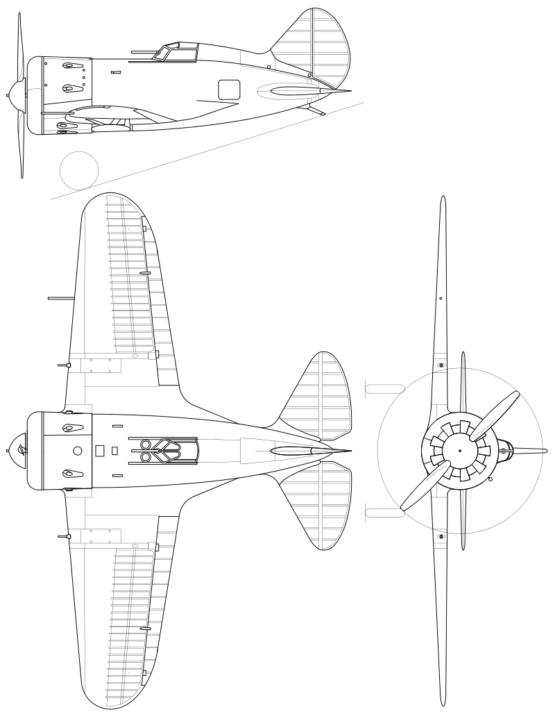 Polikarpov I-16 3 View Diagram