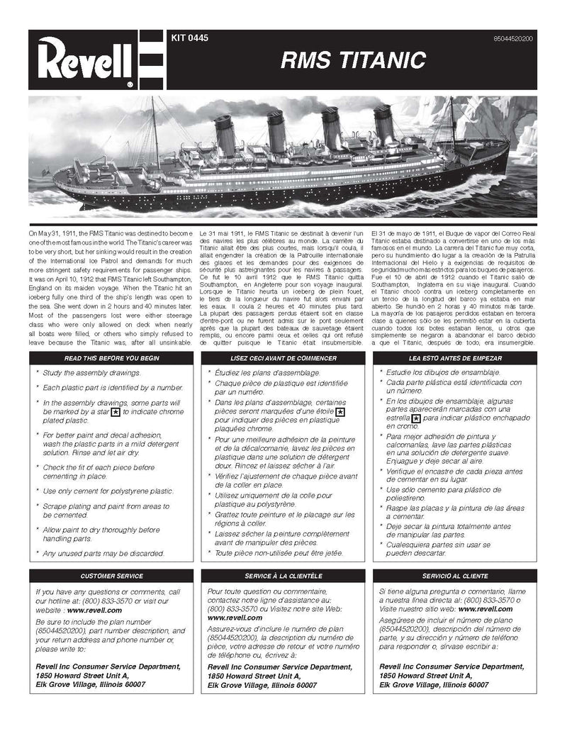 RMS Titanic 1/570 Scale Model Kit By Revell Instructions Page 1