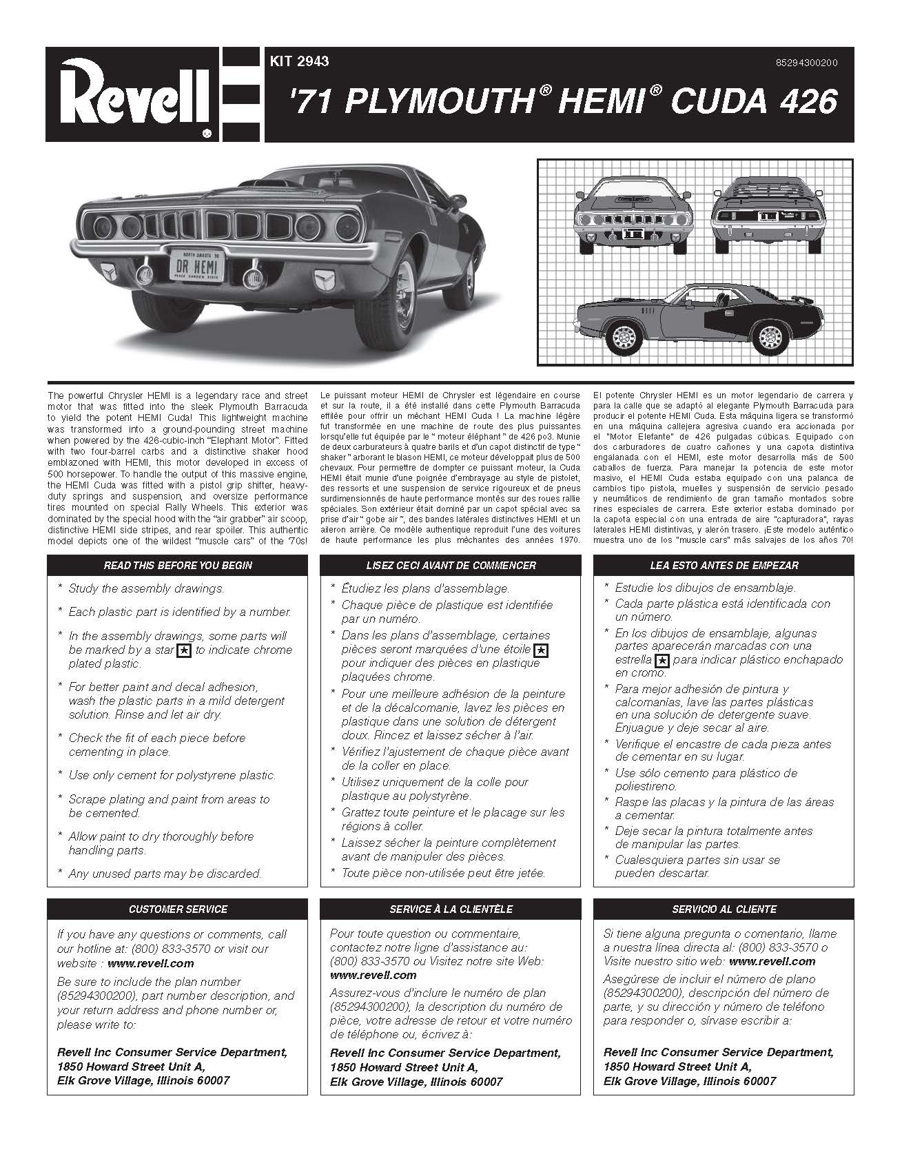 Plymouth 1971 HEMI Cuda 426 1/24 Scale Model Kity By Revell Instructions Page 1