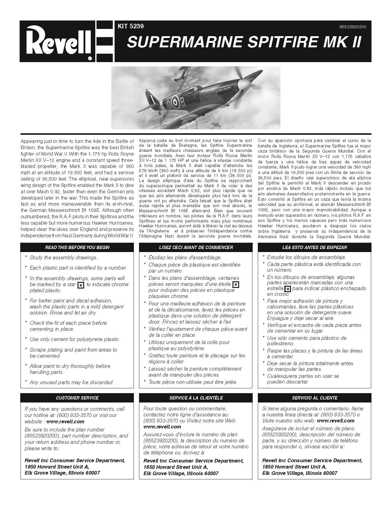 Supermarine Spitfire Mk II 1:48 Scale Model Kit By Revell Instuctions Page 1