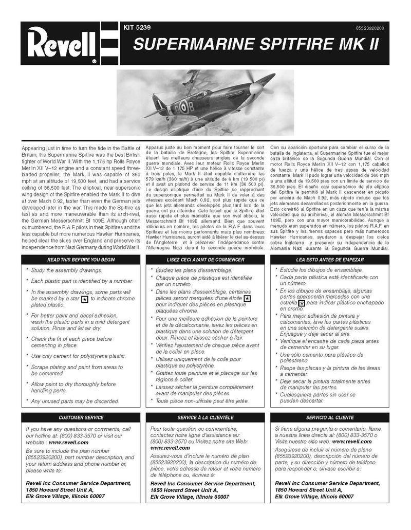 Supermarine Spitfire Mk II 1:48 Scale Model Kit By Revell Instuctions Page 1
