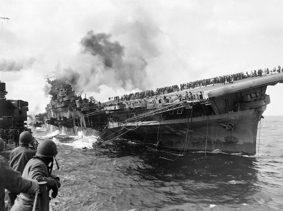 USS Franklin Aircraft Carrier CV-13 March 19, 1945 After Air Attack