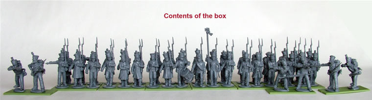 Napoleonic French Line Infantry 1812 – 1815, 28 mm Scale Model Plastic Figures Box Contents
