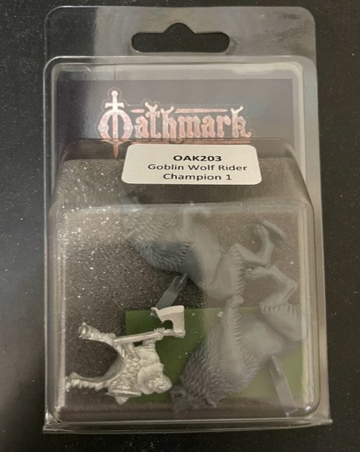 Oathmark Goblin Wolf Rider Champion 1, 28 mm Scale Metal Figures Packaging