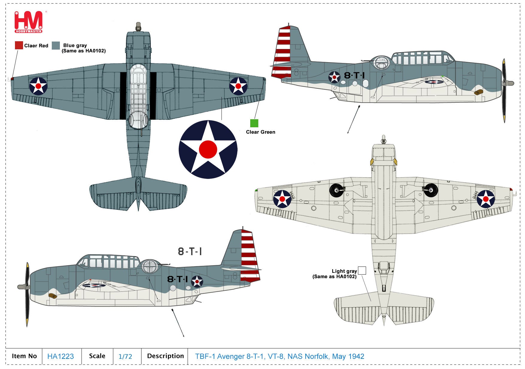 Grumman TBF-1 Avenger VT-8 NAS Norfolk 1942, 1:72 Scale Diecast Model Markings