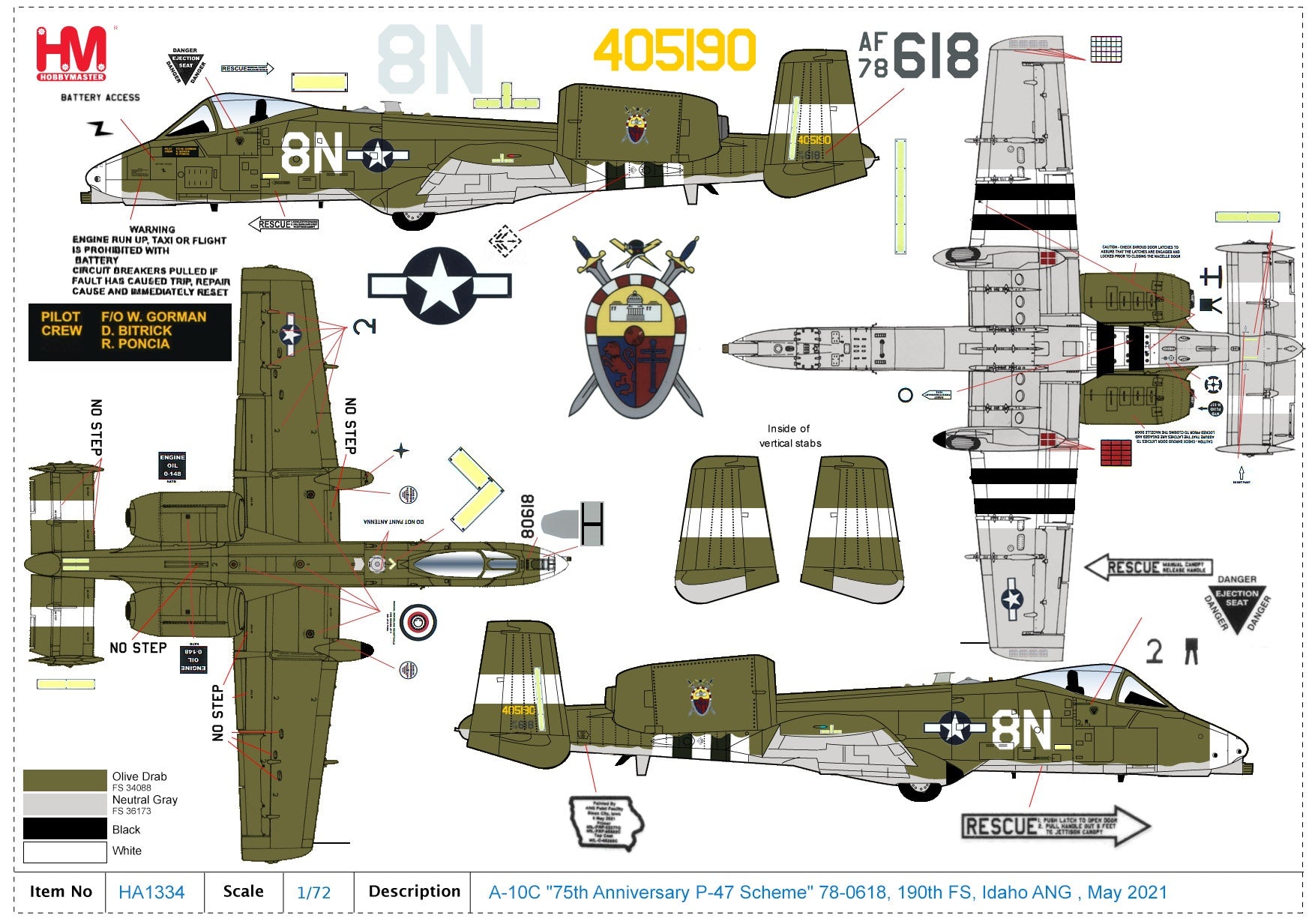 Fairchild Republic A-10C Thunderbolt II 190th FS Idaho ANG 2021, 1:72 Scale Diecast Model Markings