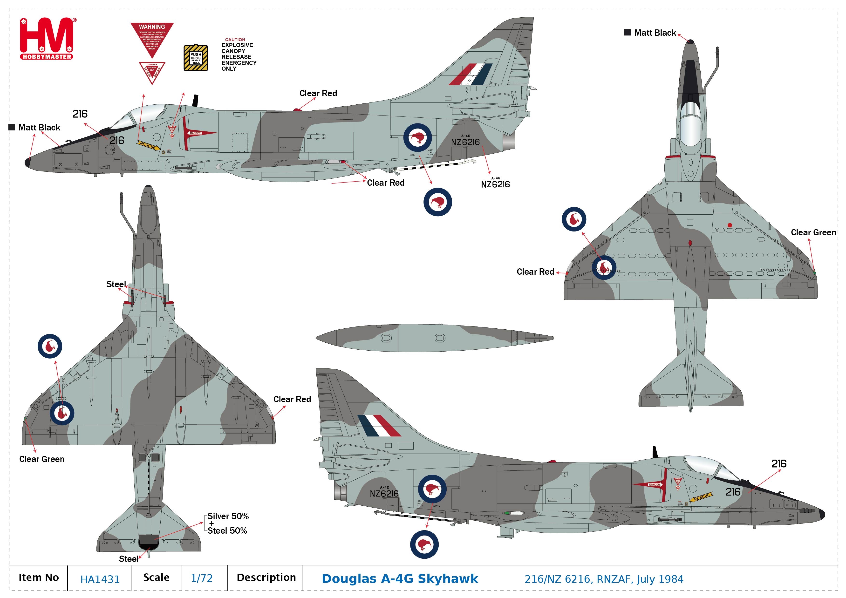 Douglas A-4G Skyhawk Royal New Zealand Air Force 1984, 1:72 Scale Diecast Model Insignia & Markings