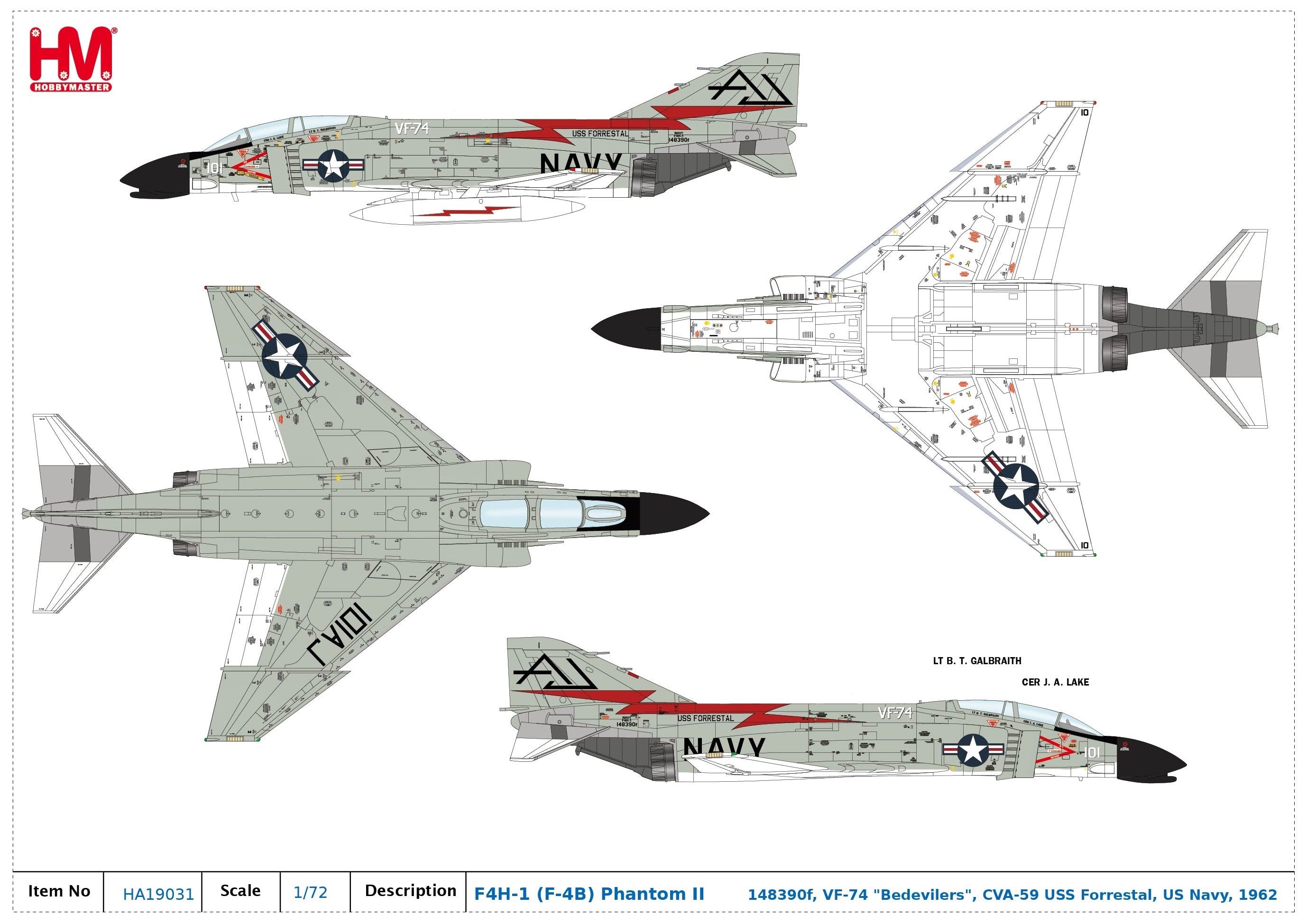 McDonald Douglas F-4B (F4H-1) Phantom II VF-74 “Be-Devilers” USS Forrestal 1962, 1:72 Scale Diecast Model Markings