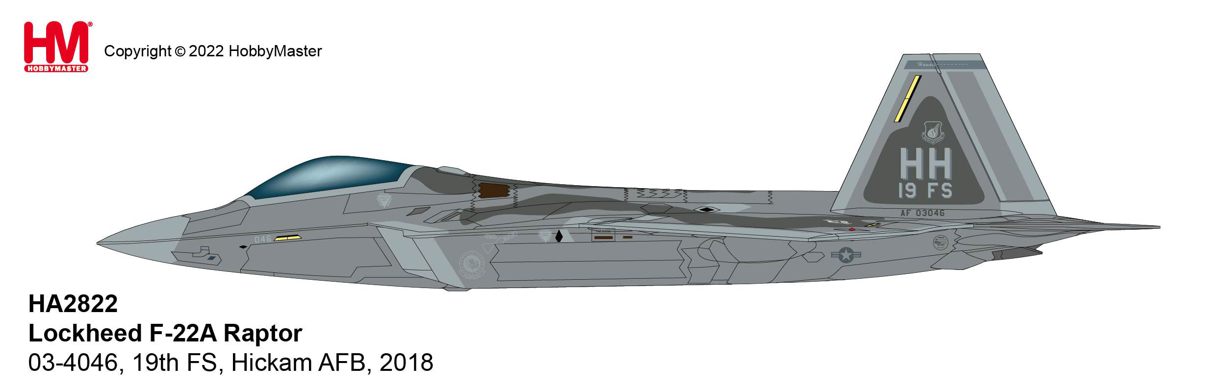 Lockheed Martin F-22A Raptor, 19th Fighter Squadron “Gamecocks” 2018, 1:72 Scale Diecast Model Illustration