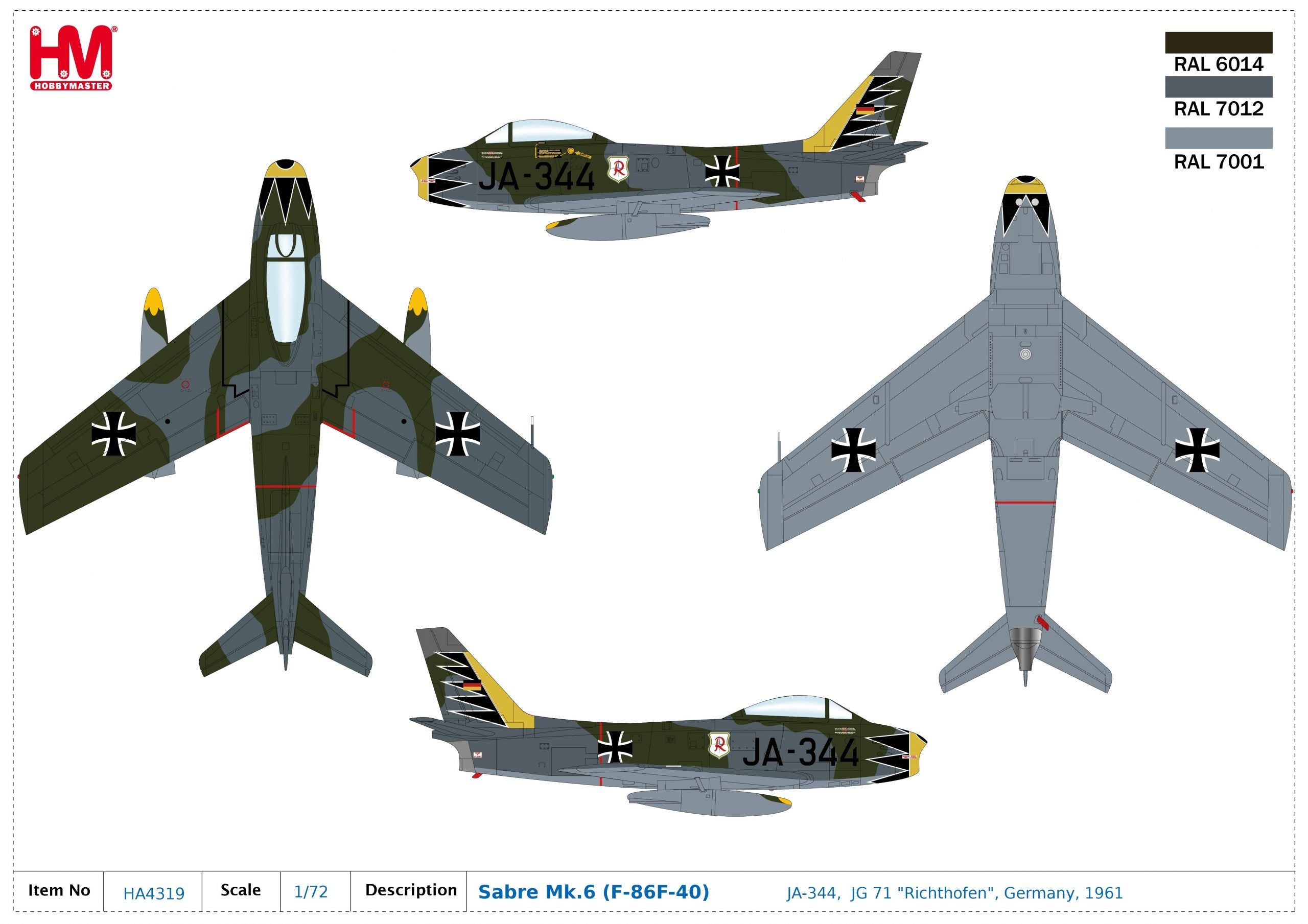 Canadair Sabre Mk 6, JG 71 1961, 1:72 Scale Diecast Model Markings