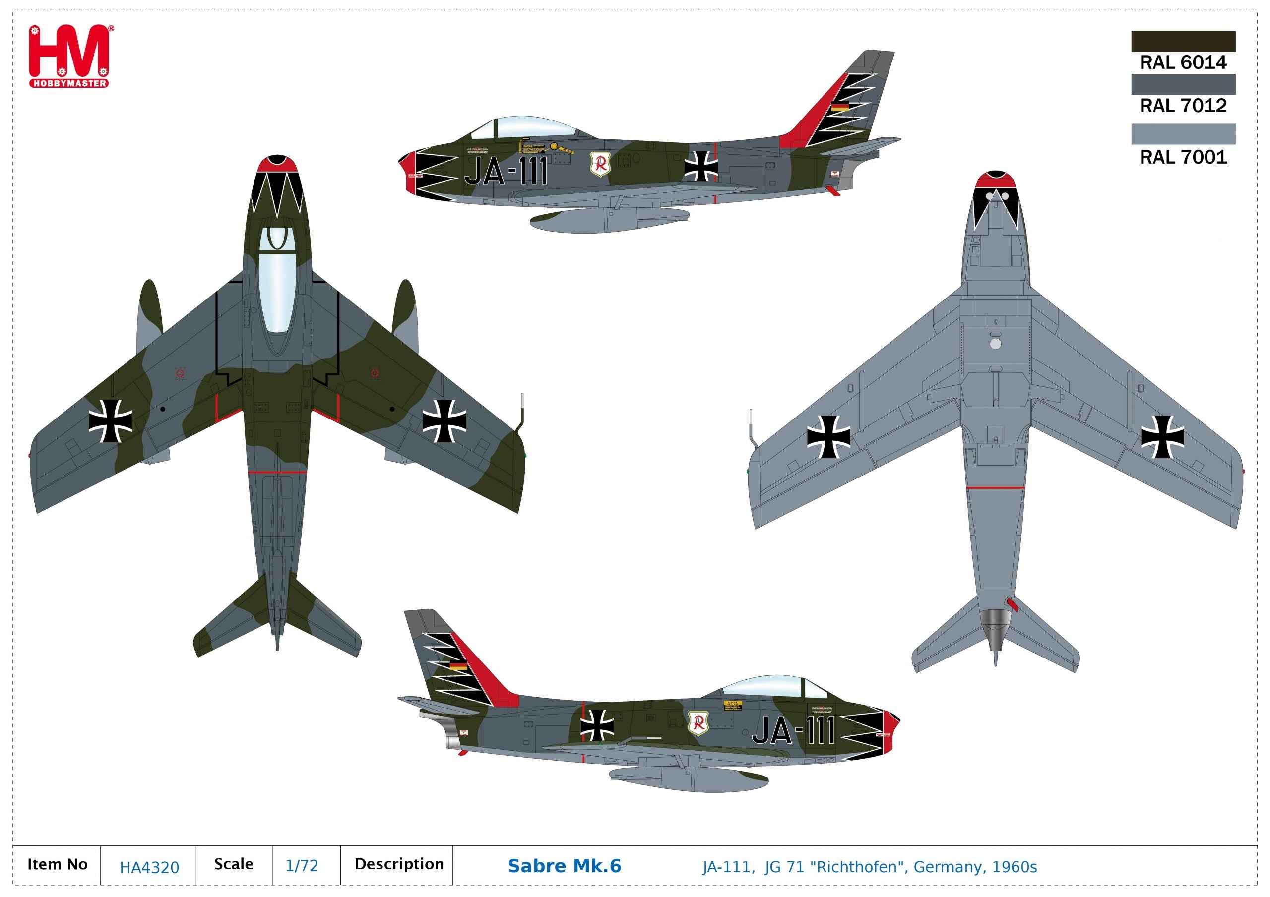 Canadair Sabre Mk 6 JG 71 "Richthofen" 1960s, 1:72 Scale Diecast Model Markings