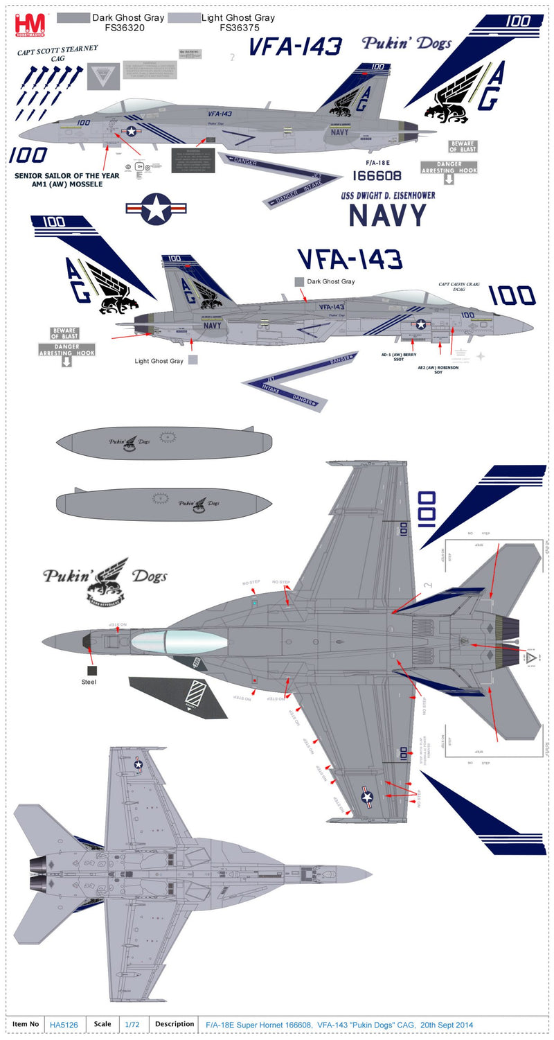 Boeing F/A-18E Super Hornet, VFA-143 “Pukin Dogs” USS Dwight D. Eisenhower, 2009, 1:72 Scale Diecast Model Markings