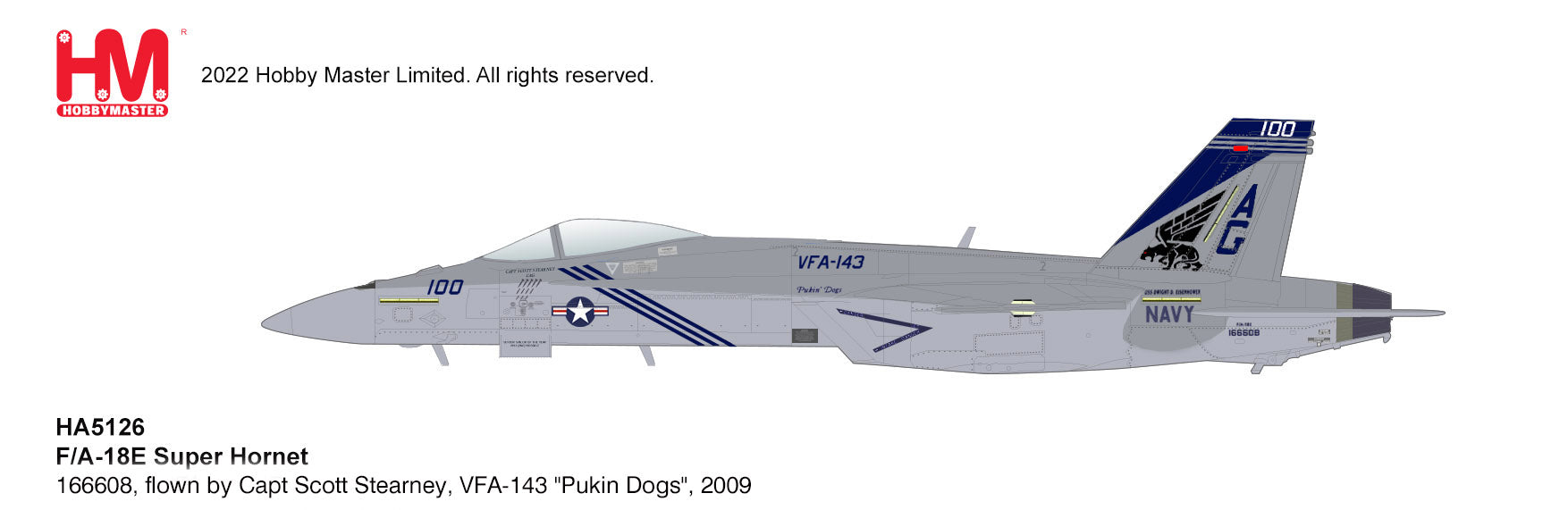Boeing F/A-18E Super Hornet, VFA-143 “Pukin Dogs” USS Dwight D. Eisenhower, 2009, 1:72 Scale Diecast Model Illustration