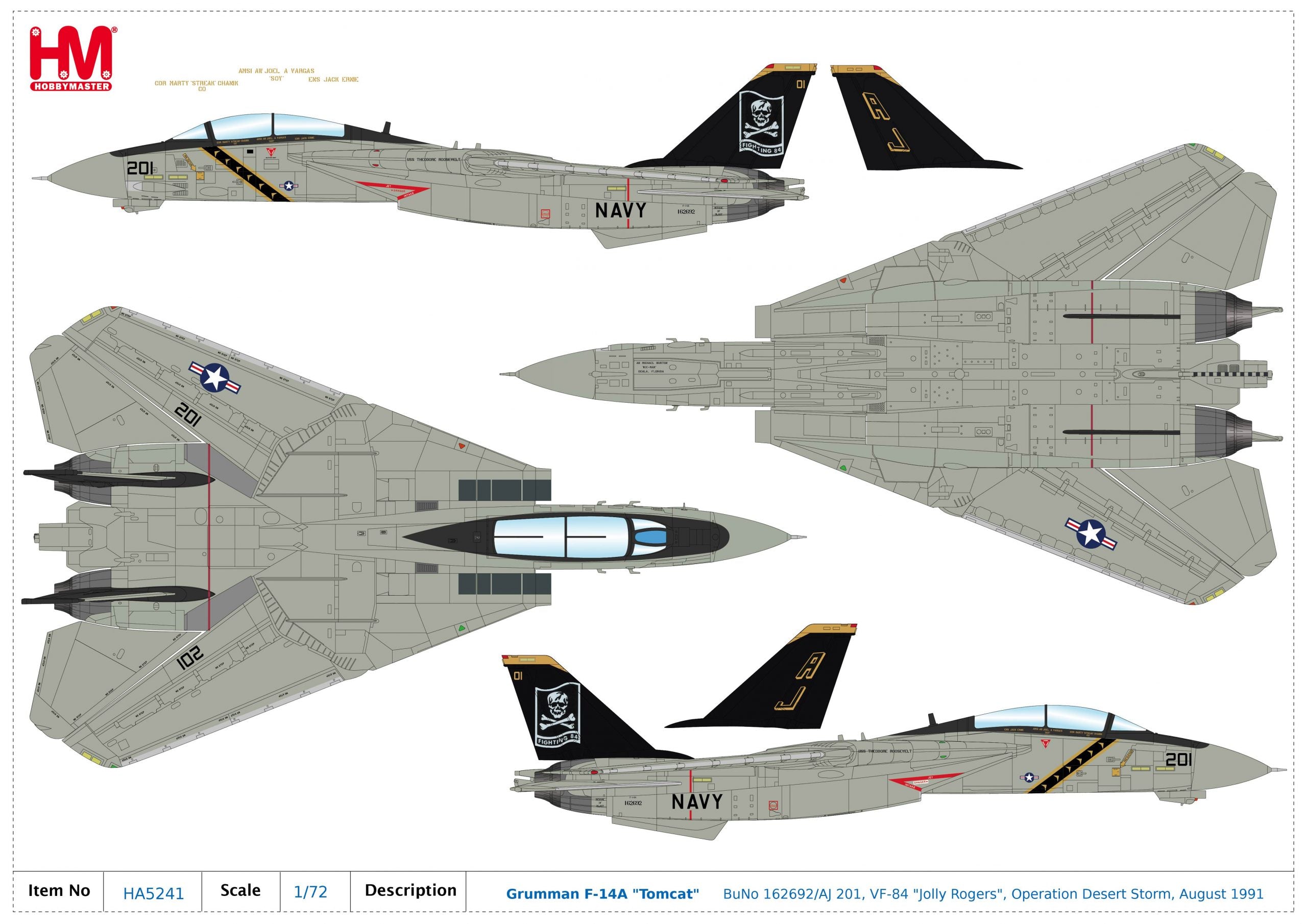 Grumman F-14A Tomcat, VF-84 “Jolly Rogers” 1991, 1:72 Scale Diecast Model Markings