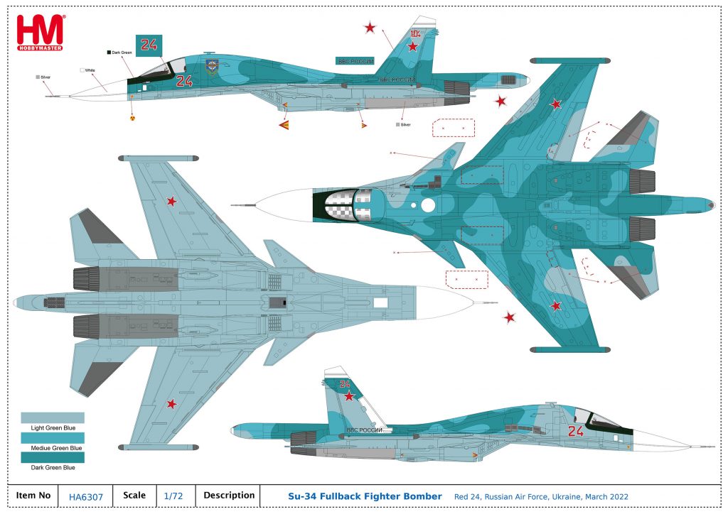 Sukhoi Su-34 Fullback “Red 24” Russian Air Force, Ukraine, 2022, 1:72 Scale Diecast Model Markings